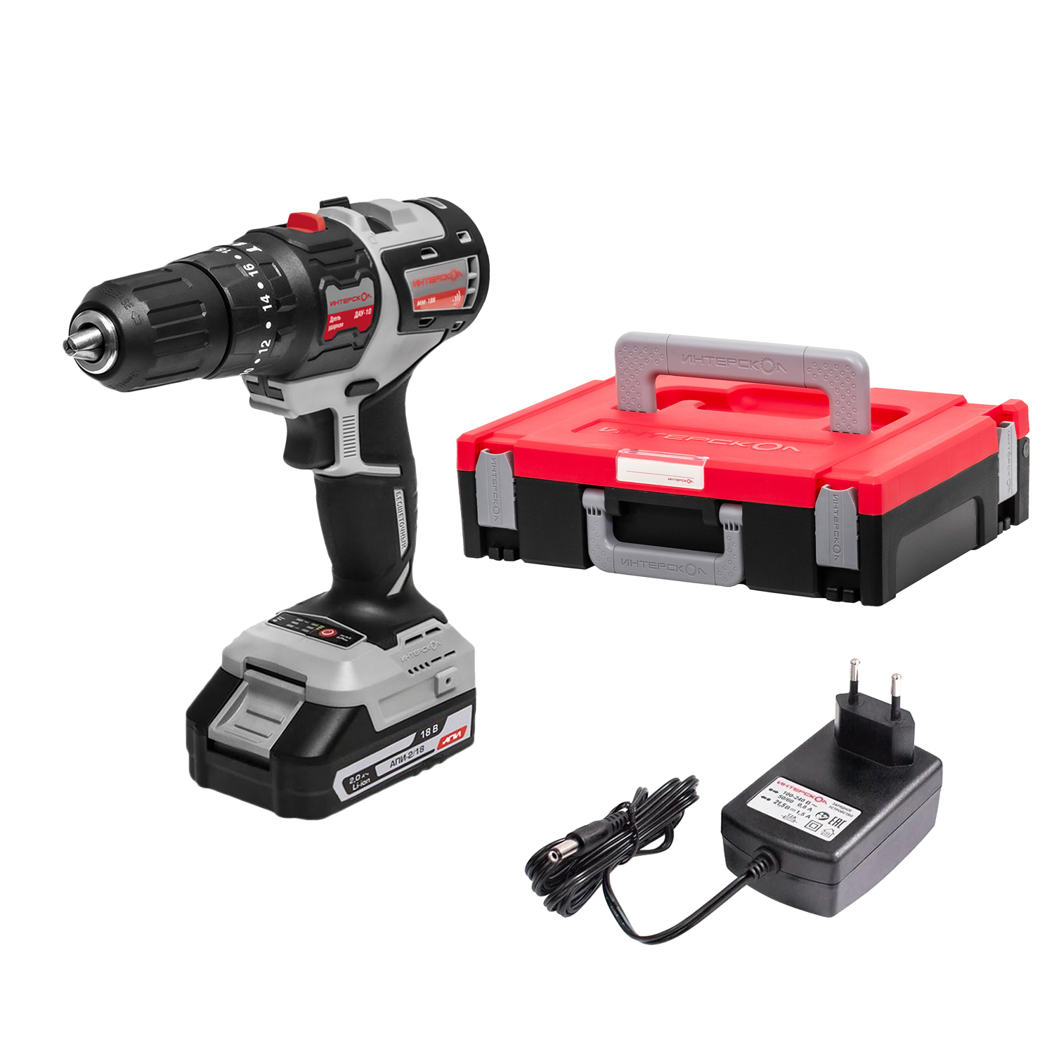 Бесщеточная ударная аккумуляторная дрель-шуруповерт ИНТЕРСКОЛ  ДАУ-10/18В 44  МультиМАКС18 + МультиБОКС Малый 100